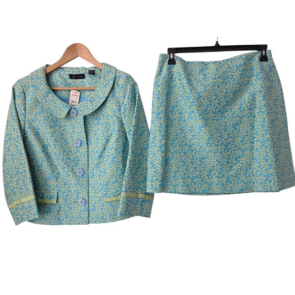 Context 2 pc Skirt Suit Silk Cotton Size 10 Green Yellow Floral NWT $258 - Picture 1 of 16